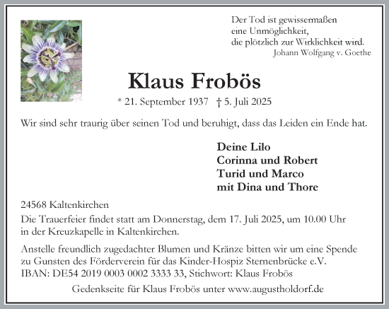 Traueranzeige von Klaus Frobös von Umschau