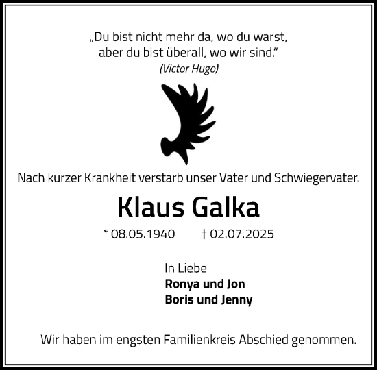 Traueranzeige von Klaus Galka von MARKT Bad Oldesloe/Reinfeld und Stormarner Tageblatt