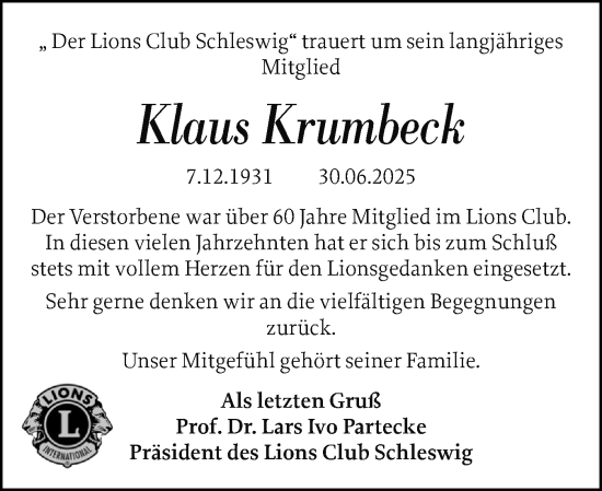 Traueranzeige von Klaus Krumbeck von Schleswiger Nachrichten, Schlei-Bote