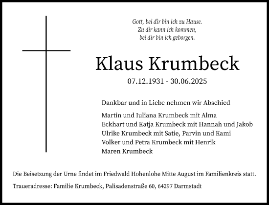 Traueranzeige von Klaus Krumbeck von Schleswiger Nachrichten, Schlei-Bote