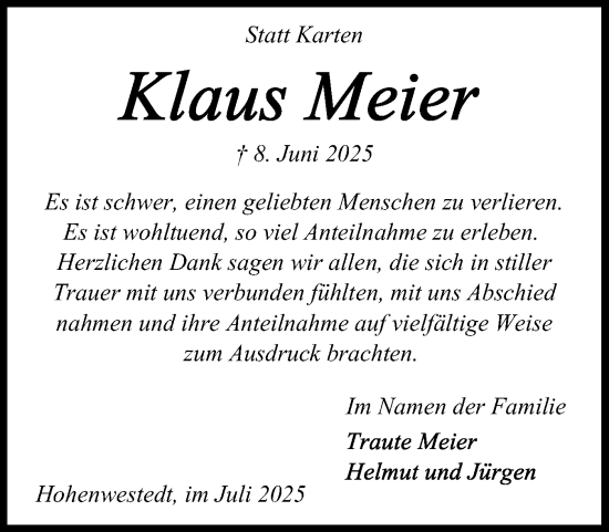 Traueranzeige von Klaus Meier von Schleswig-Holsteinische Landeszeitung