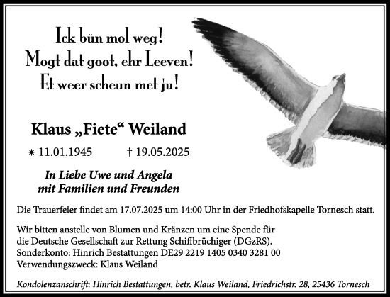 Traueranzeige von Klaus Weiland von Uetersener Nachrichten, Der tip am Wochenende