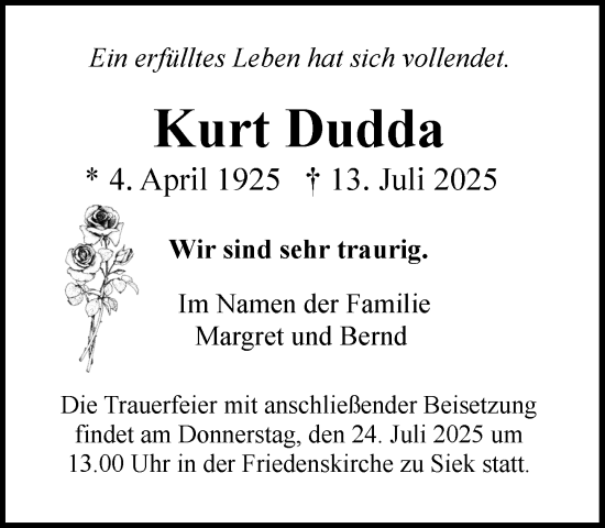 Traueranzeige von Kurt Dudda von MARKT Ahrensburg/Bargteheide/Trittau und Stormarner Tageblatt