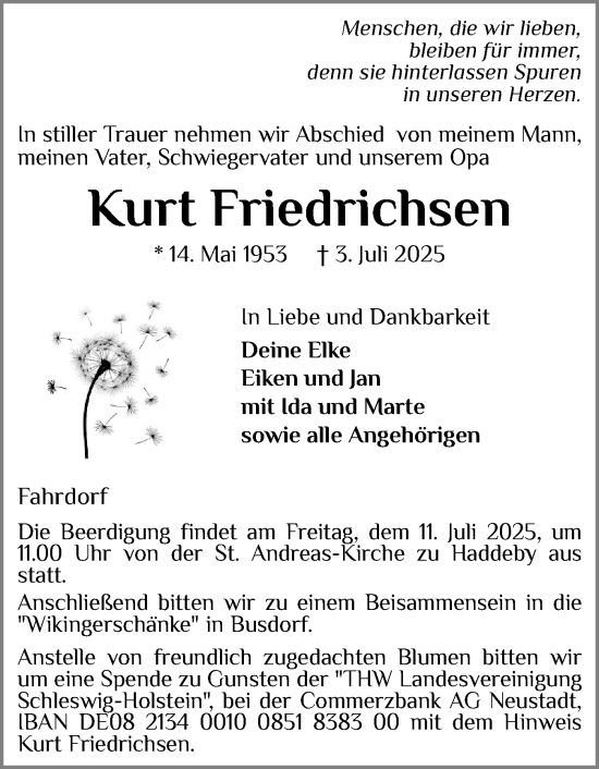 Traueranzeige von Kurt Friedrichsen von Schleswiger Nachrichten, Schlei-Bote
