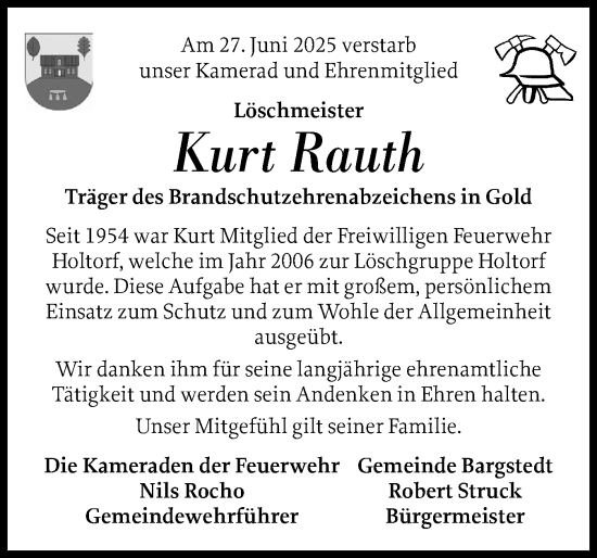 Traueranzeige von Kurt Rauth von Schleswig-Holsteinische Landeszeitung