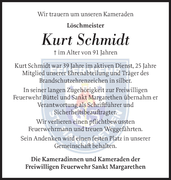 Traueranzeige von Kurt Schmidt von Norddeutsche Rundschau, Wilstersche Zeitung, Glückstädter Fortuna