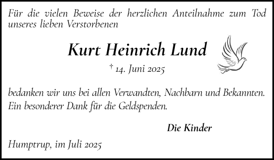 Traueranzeige von Kurt Heinrich Lund von Husumer Nachrichten, Nordfriesland Tageblatt