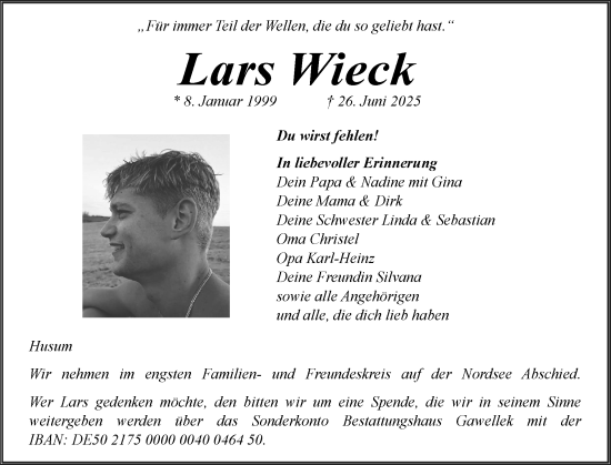 Traueranzeige von Lars Wieck von Husumer Nachrichten, Nordfriesland Tageblatt