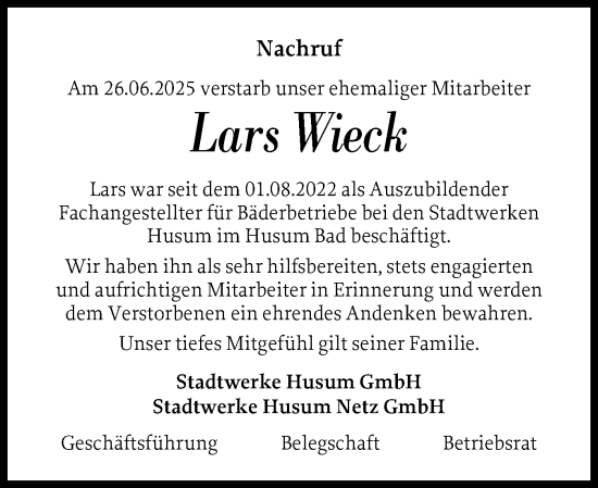 Traueranzeige von Lars Wieck von Husumer Nachrichten, Nordfriesland Tageblatt