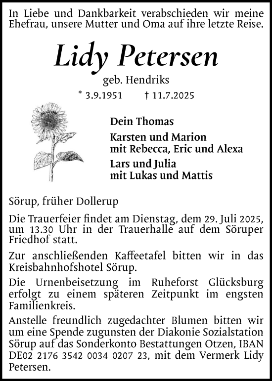 Traueranzeige von Lidy Petersen von Flensburger Tageblatt