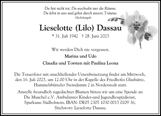 Traueranzeige von Lieselotte Dassau von Heimatspiegel
