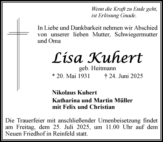 Traueranzeige von Lisa Kuhert von MARKT Bad Oldesloe/Reinfeld und Stormarner Tageblatt