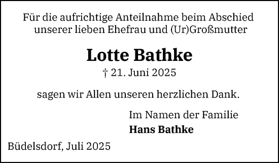 Traueranzeige von Lotte Bathke von Schleswig-Holsteinische Landeszeitung