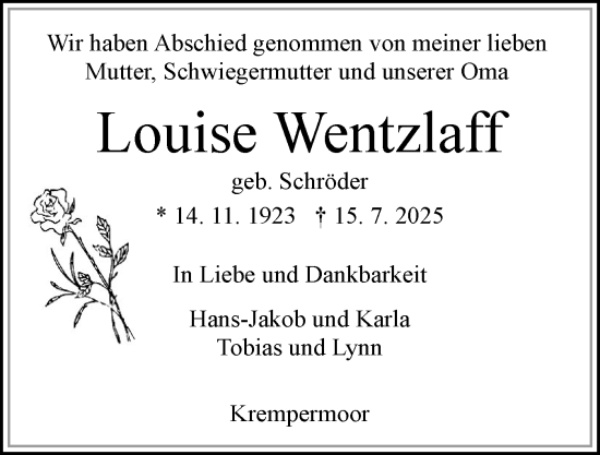 Traueranzeige von Louise Wentzlaff von Norddeutsche Rundschau, Wilstersche Zeitung, Glückstädter Fortuna