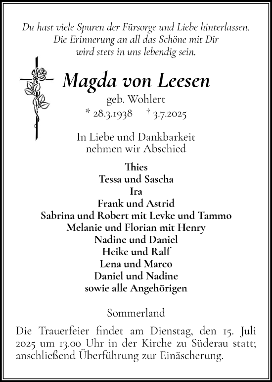 Traueranzeige von Magda von Leesen von Region Steinburg-Elmshorn