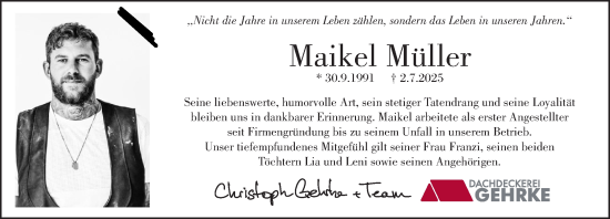 Traueranzeige von Maikel Müller von MARKT Ratzeburg/Mölln