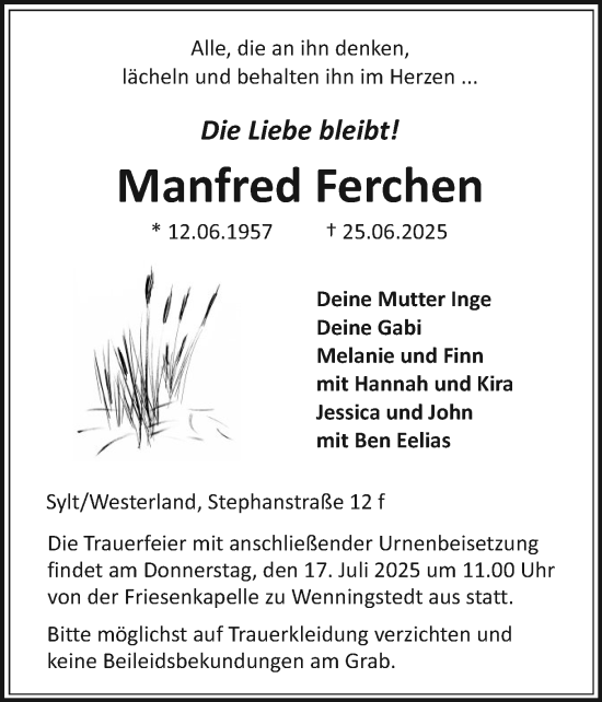 Traueranzeige von Manfred Ferchen von Sylter Rundschau