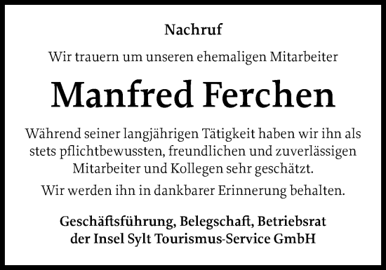 Traueranzeige von Manfred Ferchen von Sylter Rundschau