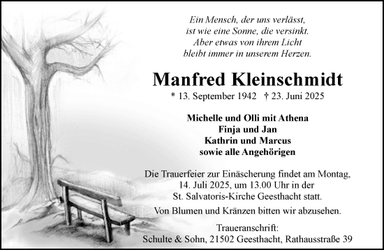 Traueranzeige von Manfred Kleinschmidt von Wochenend Anzeiger