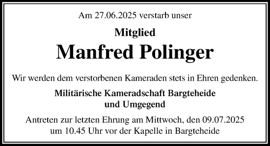 Traueranzeige von Manfred Polinger von MARKT Ahrensburg/Bargteheide/Trittau und Stormarner Tageblatt