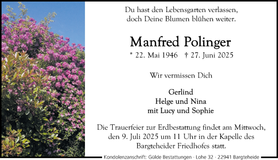 Traueranzeige von Manfred Polinger von MARKT Ahrensburg/Bargteheide/Trittau und Stormarner Tageblatt