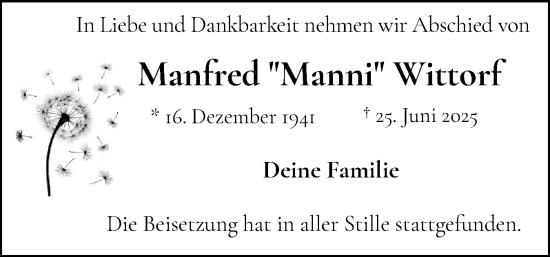 Traueranzeige von Manfred Wittorf von Flensburger Tageblatt