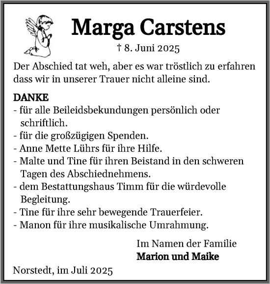 Traueranzeige von Marga Carstens von Husumer Nachrichten, Nordfriesland Tageblatt
