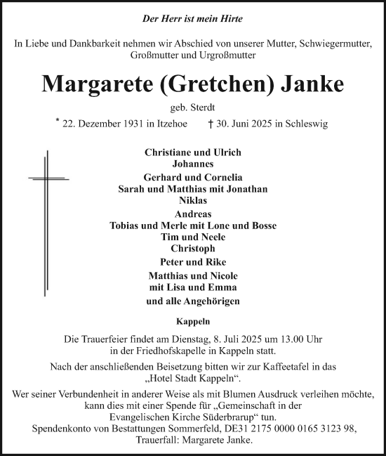 Traueranzeige von Margarete Janke von Schleswiger Nachrichten, Schlei-Bote