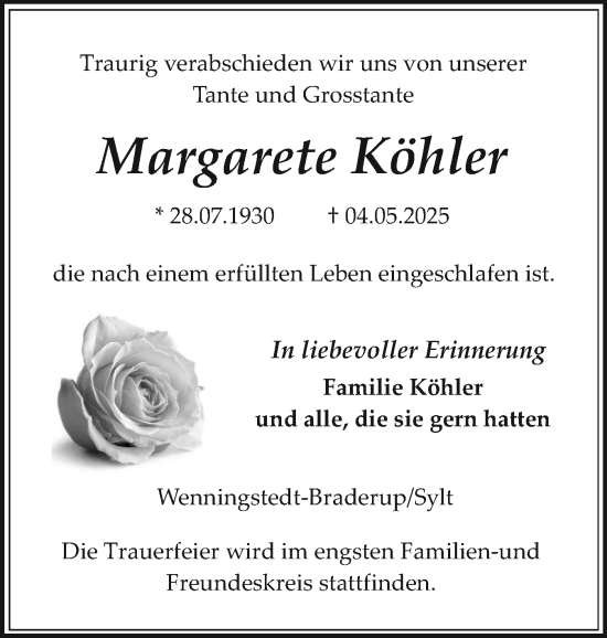 Traueranzeige von Margarete Köhler von Sylter Rundschau