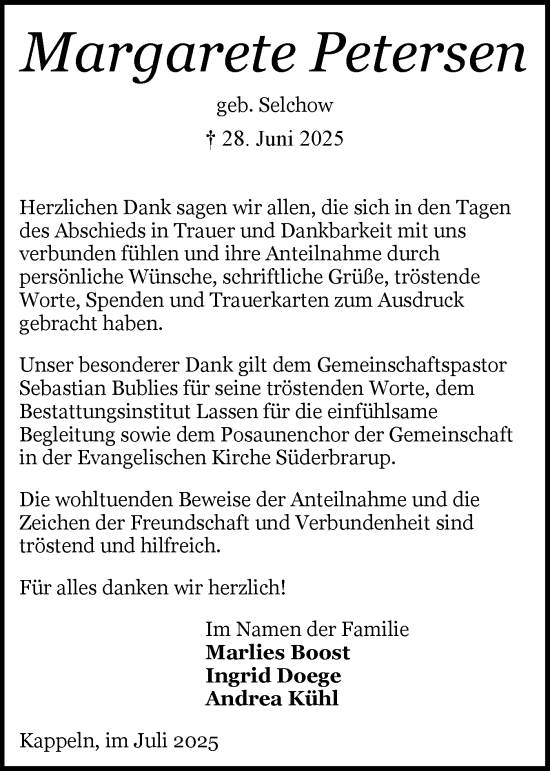 Traueranzeige von Margarete Petersen von Schleswiger Nachrichten, Schlei-Bote