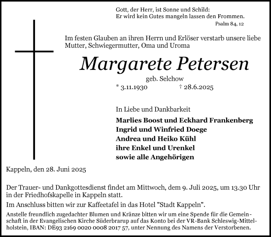 Traueranzeige von Margarete Petersen von Schleswiger Nachrichten, Schlei-Bote