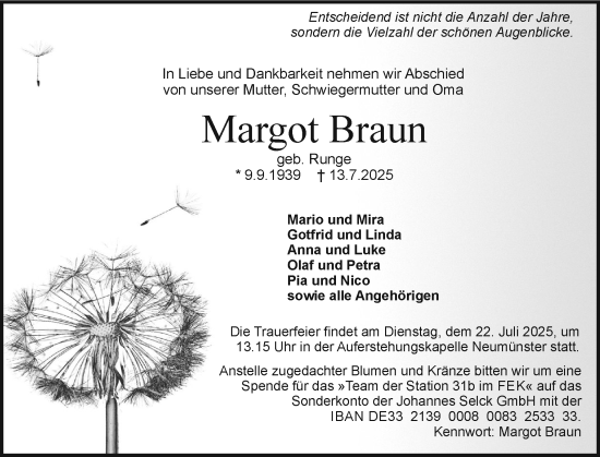 Traueranzeige von Margot Braun von Holsteinischer Courier