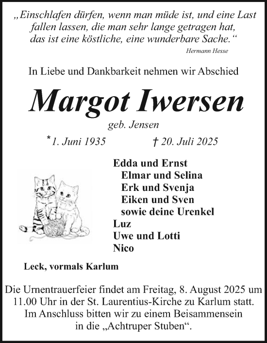 Traueranzeige von Margot Iwersen von Husumer Nachrichten, Nordfriesland Tageblatt