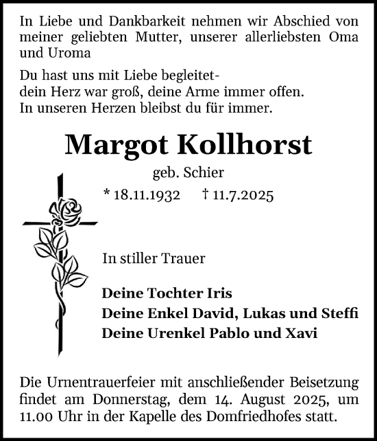 Traueranzeige von Margot Kollhorst von Schleswiger Nachrichten, Schlei-Bote