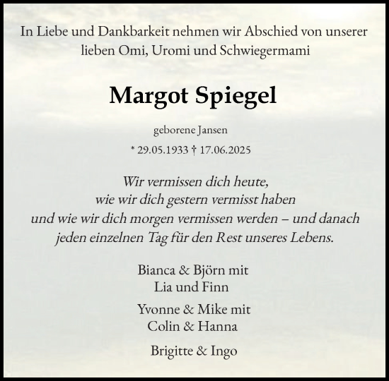 Traueranzeige von Margot Spiegel von Heimatspiegel