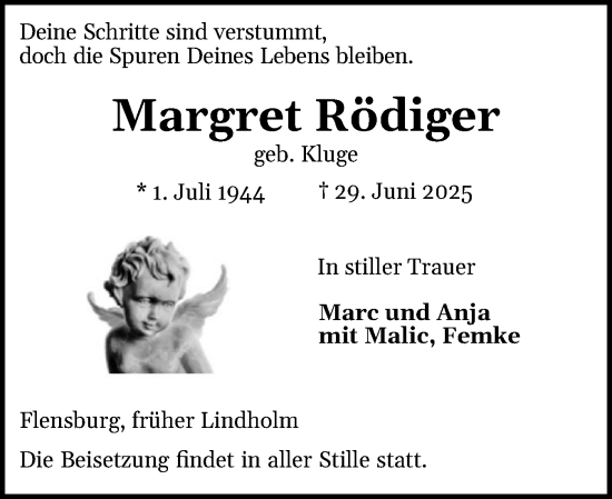 Traueranzeige von Margret Rödiger von Flensburger Tageblatt