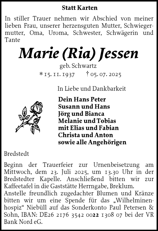 Traueranzeige von Marie Jessen von Husumer Nachrichten, Nordfriesland Tageblatt