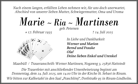 Traueranzeige von Marie Martinsen von Husumer Nachrichten, Nordfriesland Tageblatt