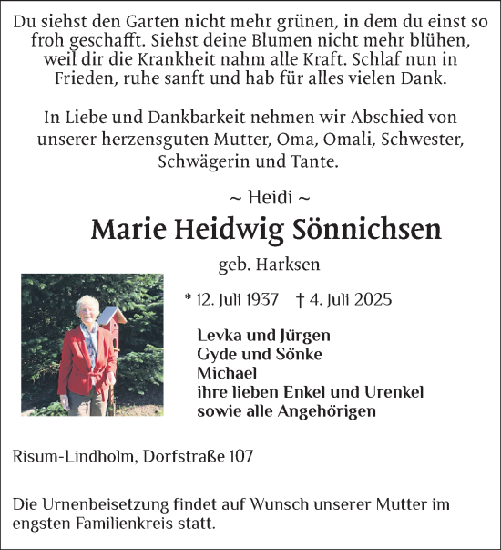 Traueranzeige von Marie Heidwig Sönnichsen von Husumer Nachrichten, Nordfriesland Tageblatt