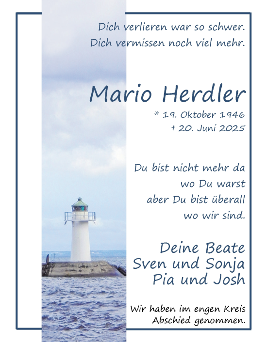 Traueranzeige von Mario Herdler von Uetersener Nachrichten, Der tip am Wochenende