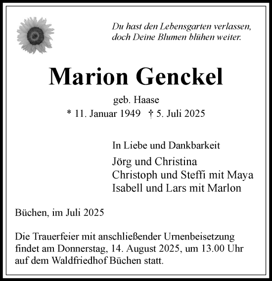 Traueranzeige von Marion Genckel von Wochenend Anzeiger