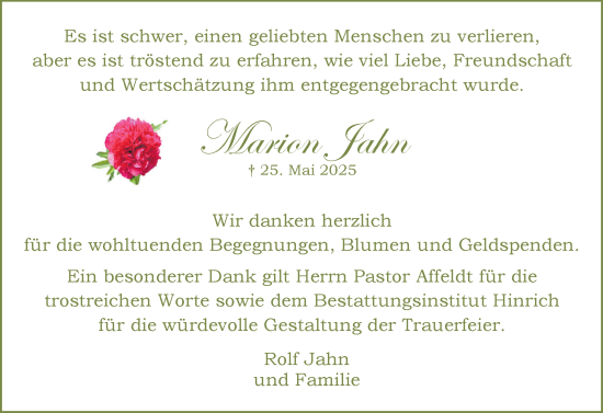 Traueranzeige von Marion Jahn von Uetersener Nachrichten, Der tip am Wochenende