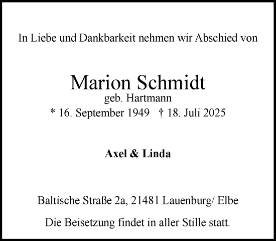 Traueranzeige von Marion Schmidt von Wochenend Anzeiger