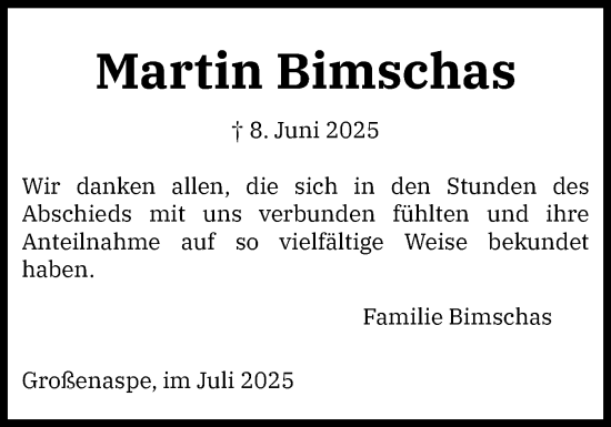 Traueranzeige von Martin Bimschas von Holsteinischer Courier