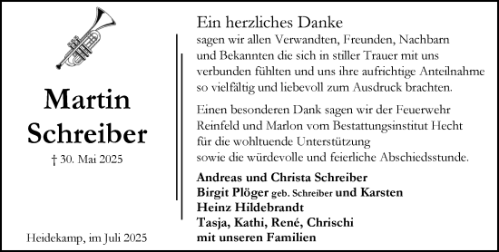 Traueranzeige von Martin Schreiber von MARKT Bad Oldesloe/Reinfeld und Stormarner Tageblatt