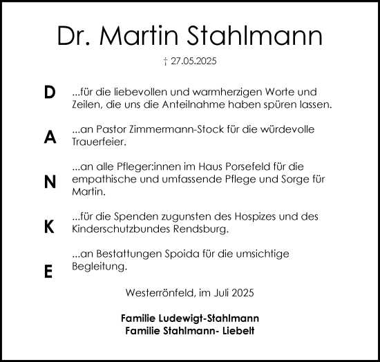 Traueranzeige von Martin Stahlmann von Schleswig-Holsteinische Landeszeitung