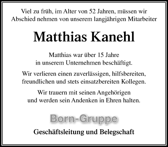 Traueranzeige von Matthias Kanehl von Wochenend Anzeiger