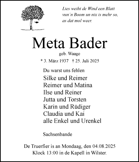 Traueranzeige von Meta Bader von Norddeutsche Rundschau, Wilstersche Zeitung, Glückstädter Fortuna