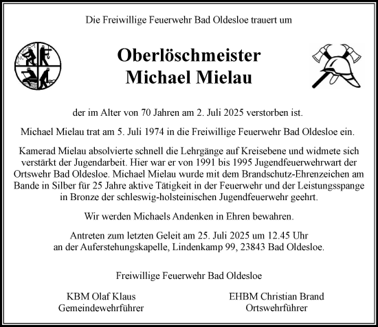 Traueranzeige von Michael Mielau von MARKT Bad Oldesloe/Reinfeld und Stormarner Tageblatt