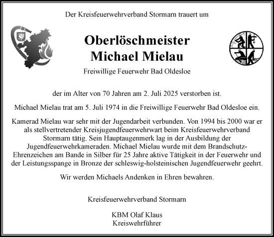 Traueranzeige von Michael Mielau von MARKT Bad Oldesloe/Reinfeld und Stormarner Tageblatt